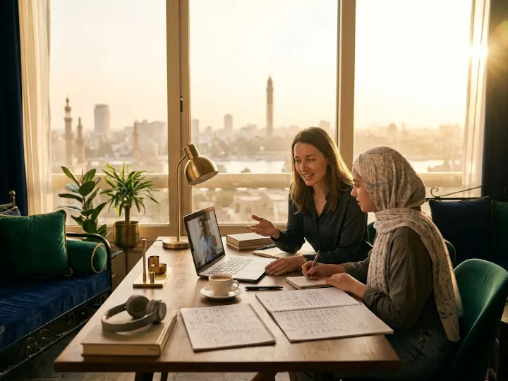 Students studying Arabic and Islamic books together at a table