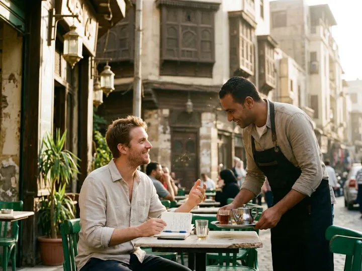 An expat practising Egyptian Arabic with a friendly waiter at a Cairo street cafe