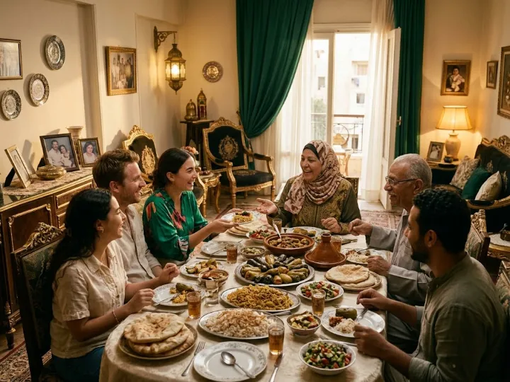 A multicultural family sharing a meal around the table in an Egyptian home