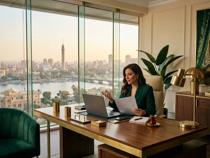 A professional reading an Arabic document in an office with a Cairo skyline view
