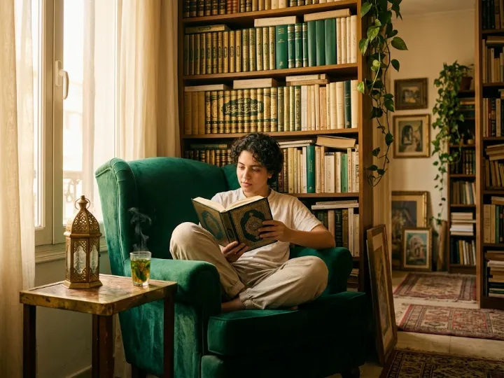 A curious reader enjoying an Arabic book in a cosy corner with bookshelves