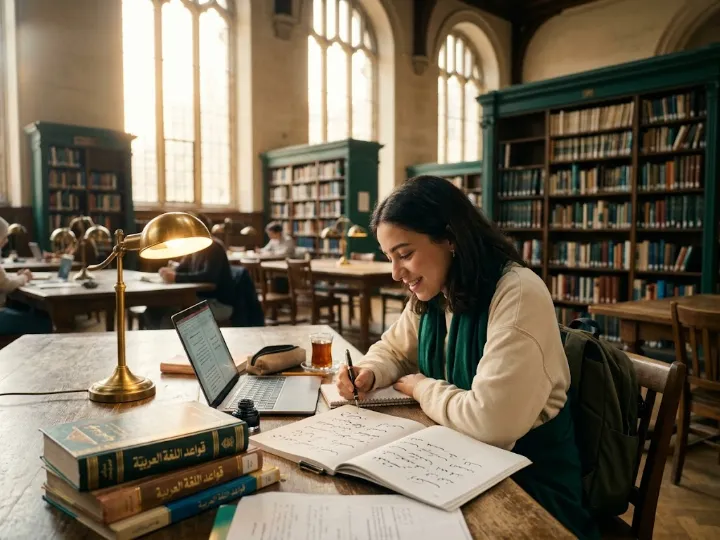 A student studying Arabic grammar at a library desk