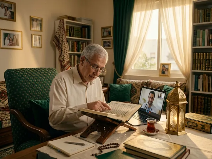 A gentle older learner reading the Quran slowly with a patient online tutor
