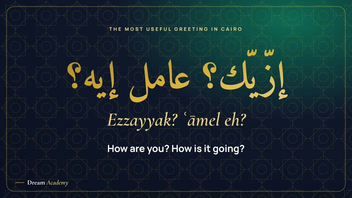 Card with the Egyptian Arabic greeting "Ezzayyak? ʿāmel eh?" meaning "How are you? How is it going?"